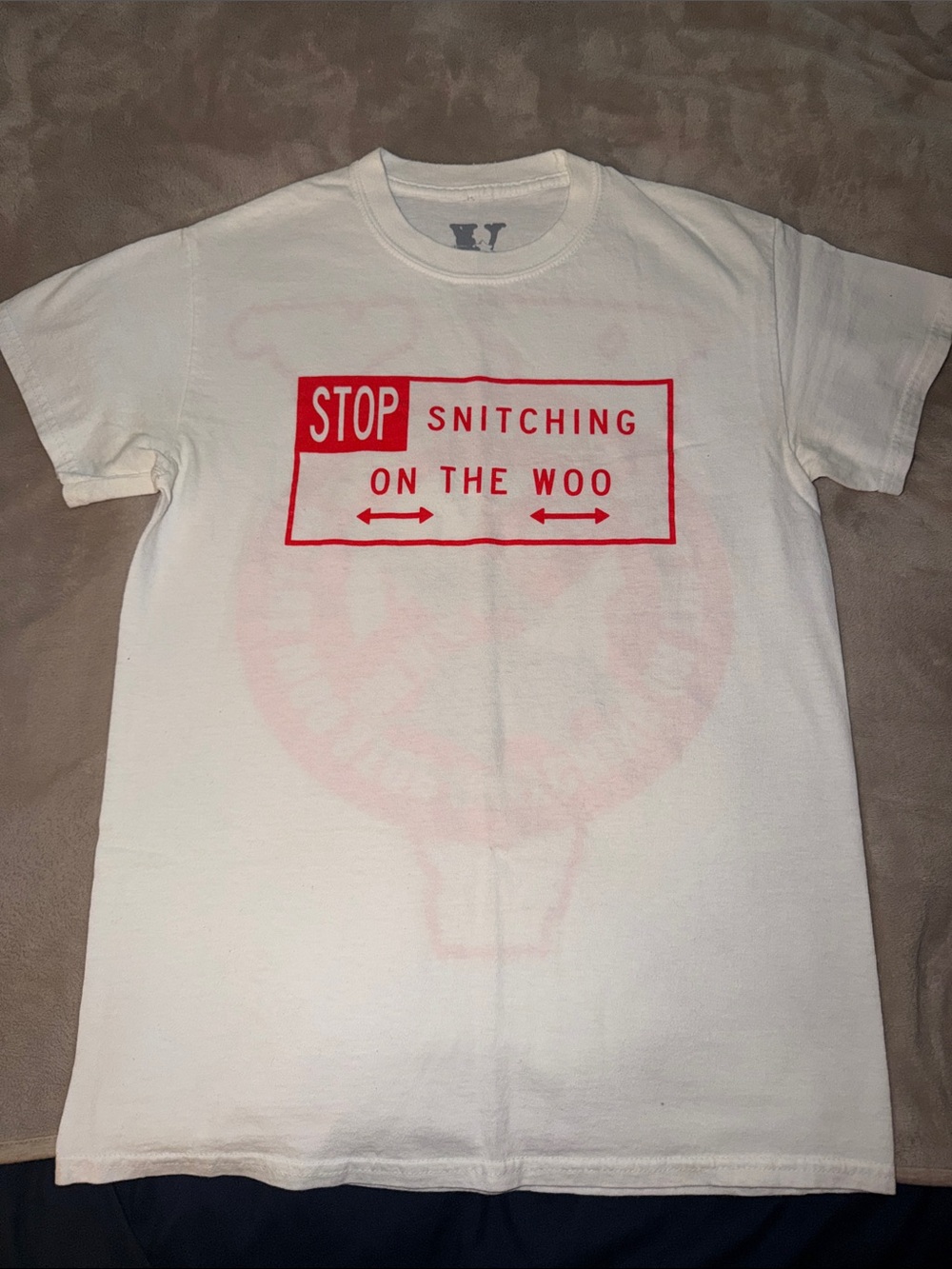VLONE White Short-Sleeve Tee with Red 'Stop Snitching On The Woo' Graphic